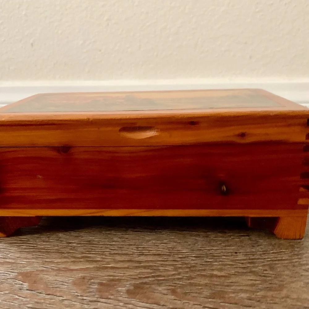 Vintage cedar wood box with picture of English cottage